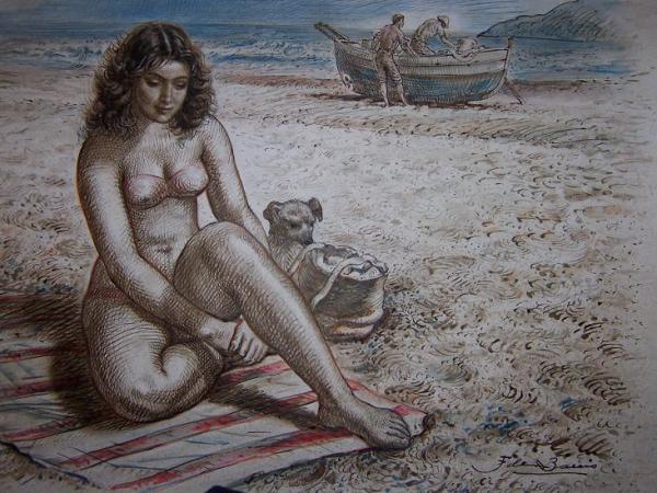Bañista con perro y barca