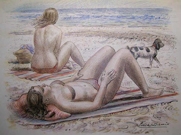 Dos muchachas y un perro en la playa