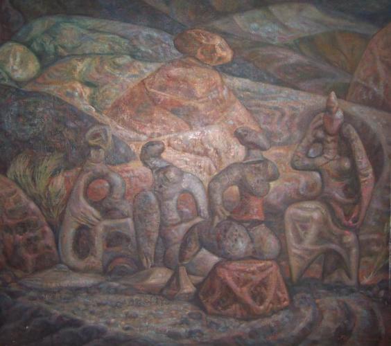 Paisaje volcánico con figuras