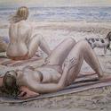 Dos muchachas y un perro en la playa